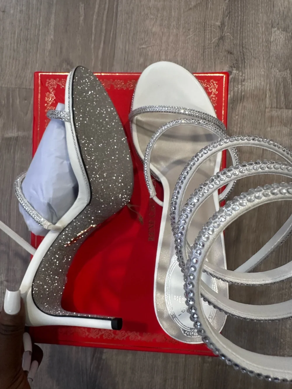 Crystal-Strap Silver Wedge Sandals - Women's Dress Shoes